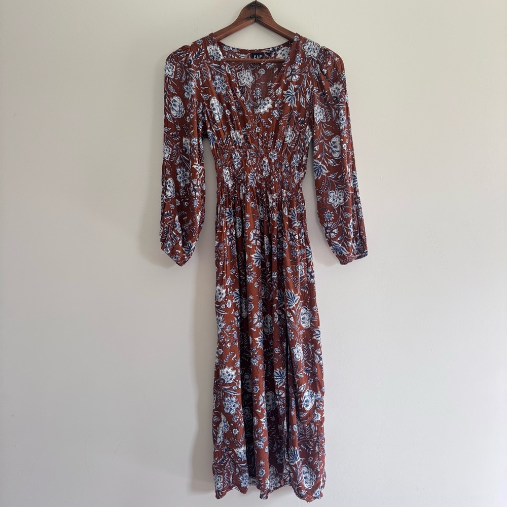 GAP Brown Blue Floral Smocked Waist Puff Sleeve Dress XS NWOT